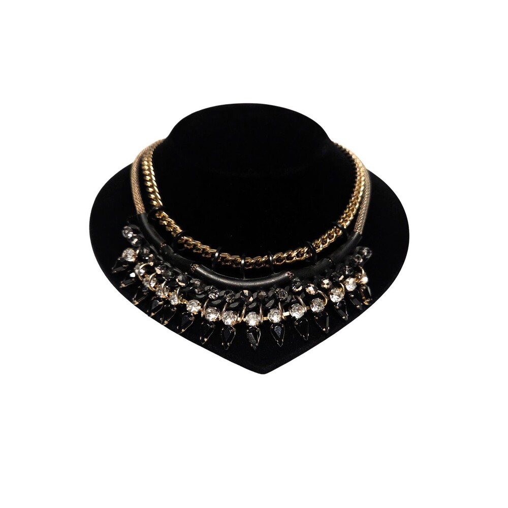 Express Gold Tone Black Rhinestone Statement Necklace Layered Chain Bib